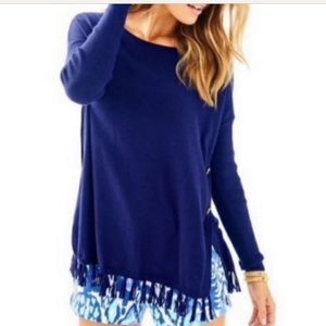 Lilly Pulitzer Navy Blue Ramona Fringed Coolmax Sweater w Gold Accent Buttons